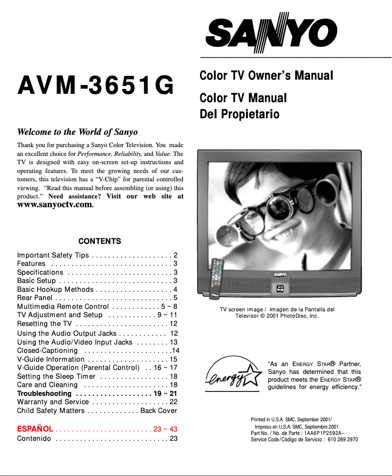 Page 1 de la notice Manuel utilisateur Sanyo AVM3651G