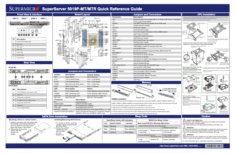 Page 1 de la notice Guide de démarrage rapide Supermicro SuperServer 5019P-MTR