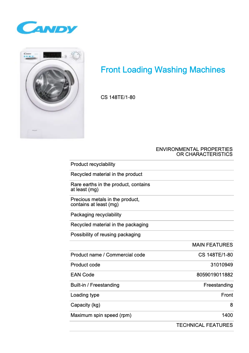 Page 1 de la notice Fiche technique Candy CS 148TE/1-80
