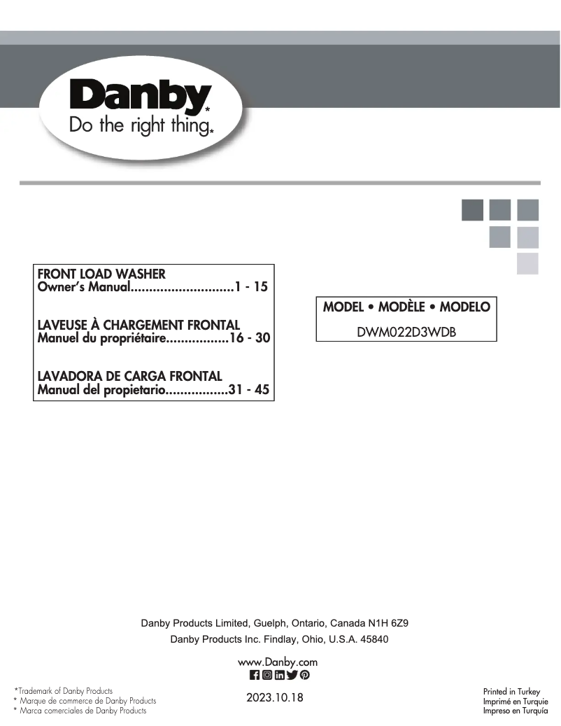 Page 1 de la notice Manuel utilisateur Danby DWM022D3WDB