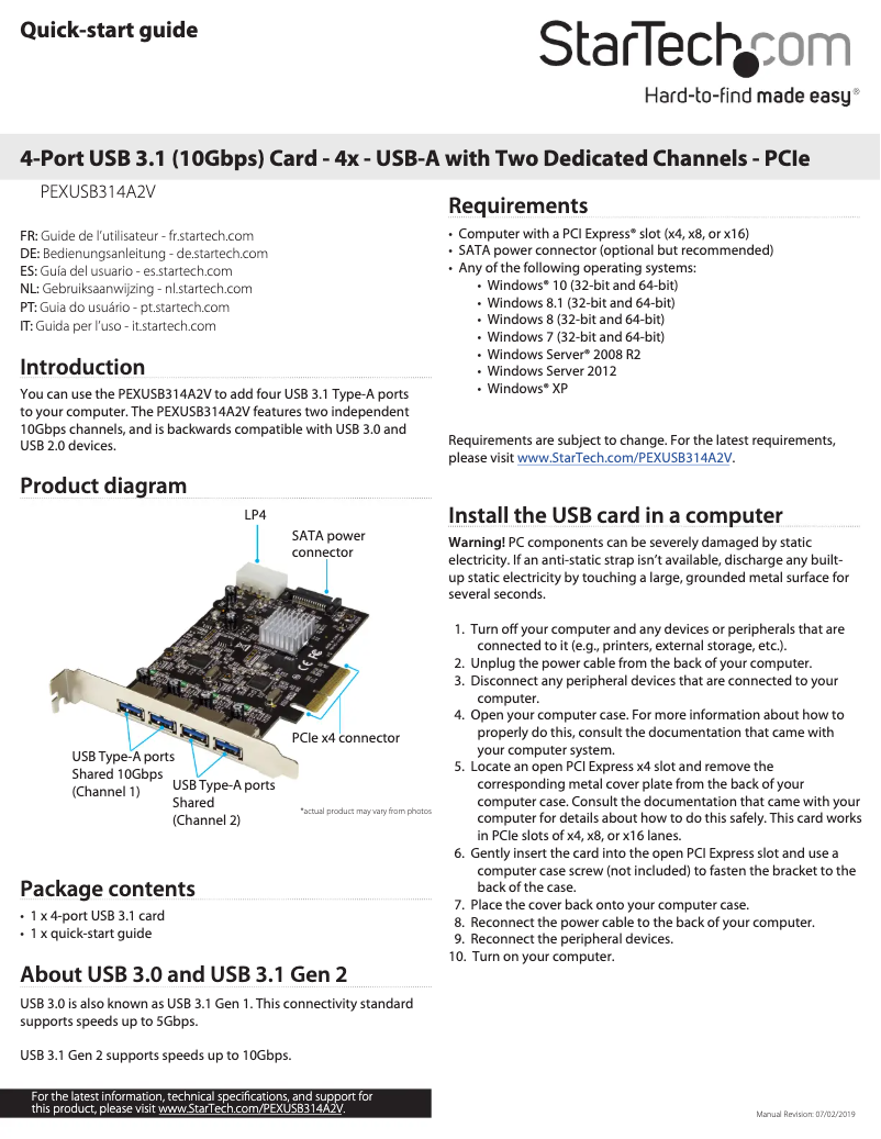 Page n°1 - Manuel utilisateur StarTech.com PEXUSB314A2V