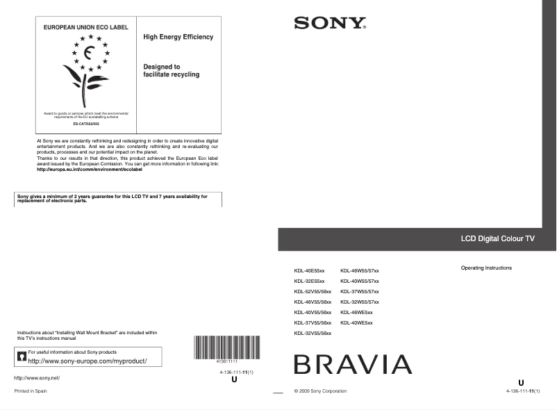 Page 1 de la notice Manuel utilisateur Sony Bravia KDL-32W5740