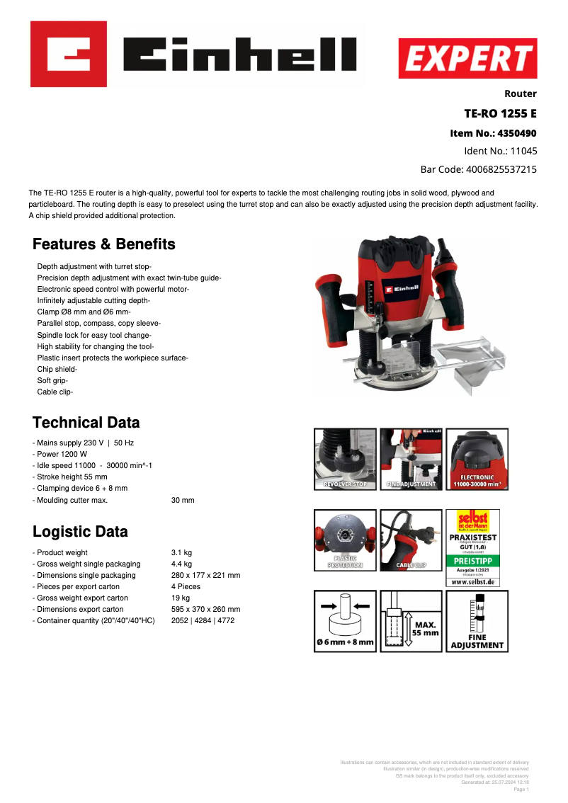 Página 1 del manual Ficha técnica Einhell TE-RO 1255 E