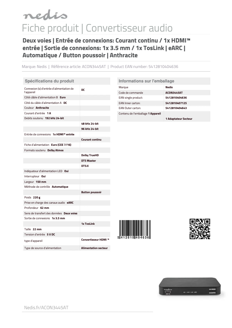 Page 1 de la notice Manuel utilisateur Nedis ACON3445AT