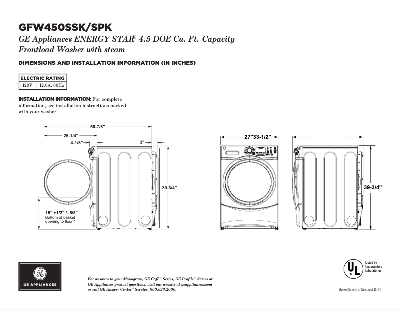 Page 1 de la notice Fiche technique GE GFW450SSKWW