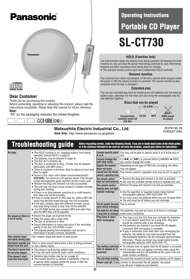 Page 1 de la notice Manuel utilisateur Panasonic SL-CT730