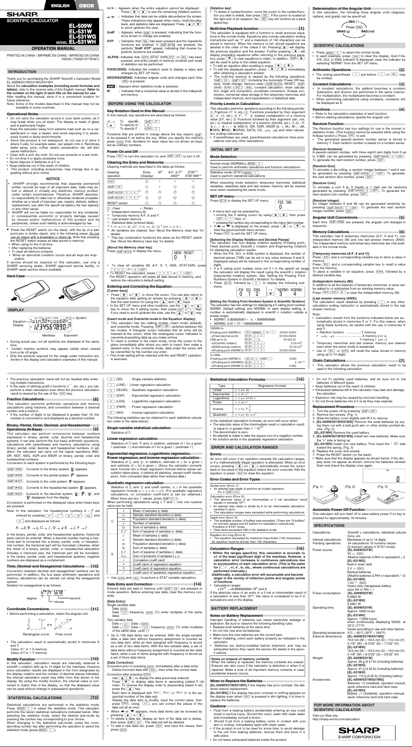 Page n°1 - Manuel utilisateur Sharp EL-531XBWH