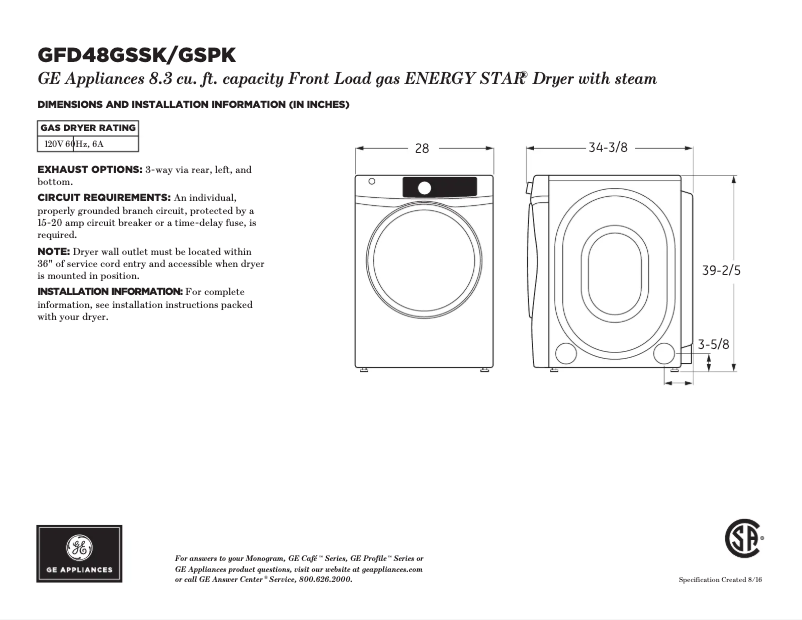 Page n°1 - Fiche technique GE GFD48GSPKDG