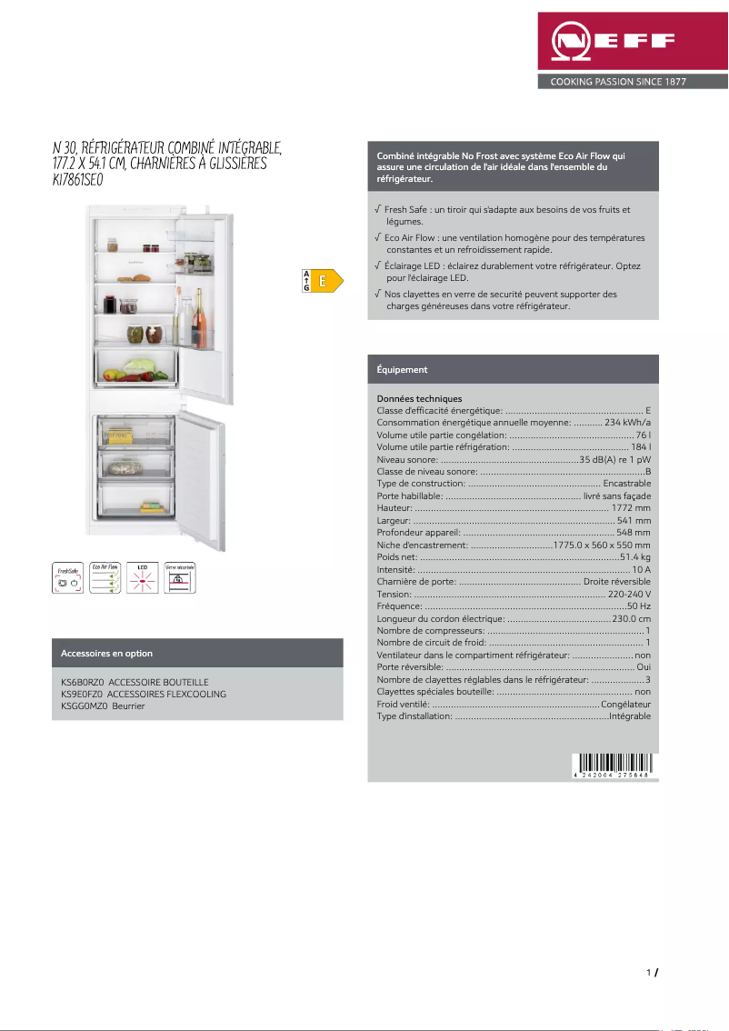 Page 1 de la notice Fiche technique Neff KI7861SE0