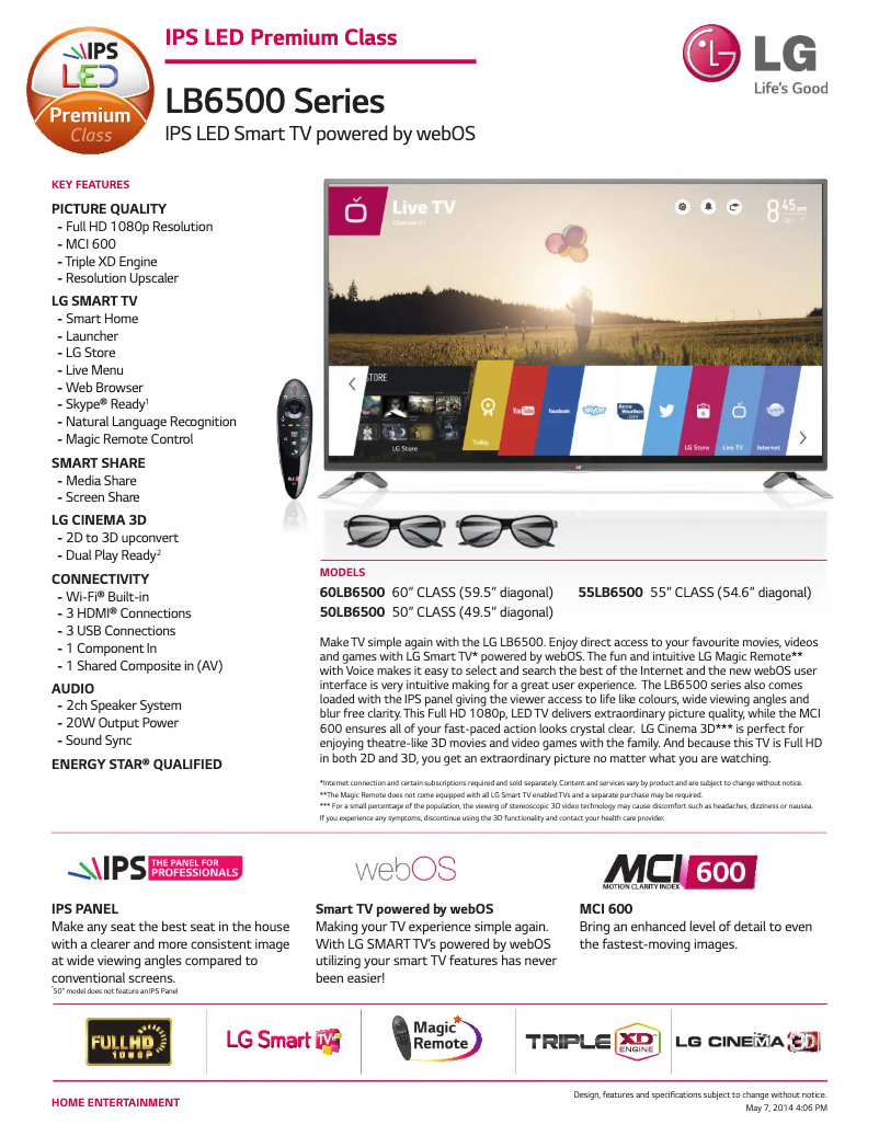 Página 1 del manual Ficha técnica LG 60LB6500