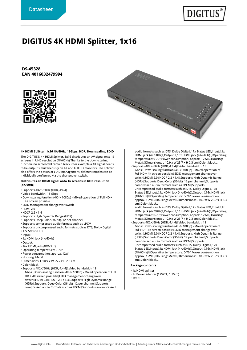 Page 1 de la notice Fiche technique Digitus DS-45328