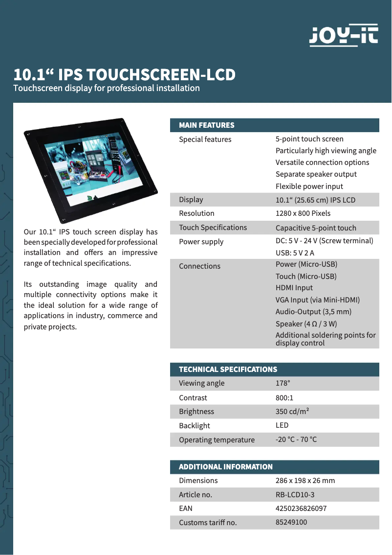 Página 1 del manual Ficha técnica Joy-It RB-LCD10-3