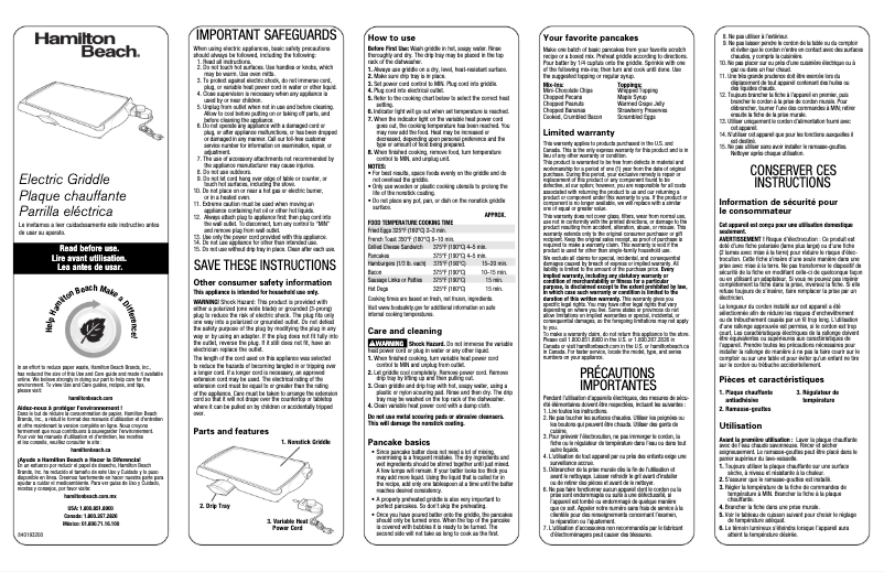 Page 1 de la notice Manuel utilisateur Hamilton Beach 40998