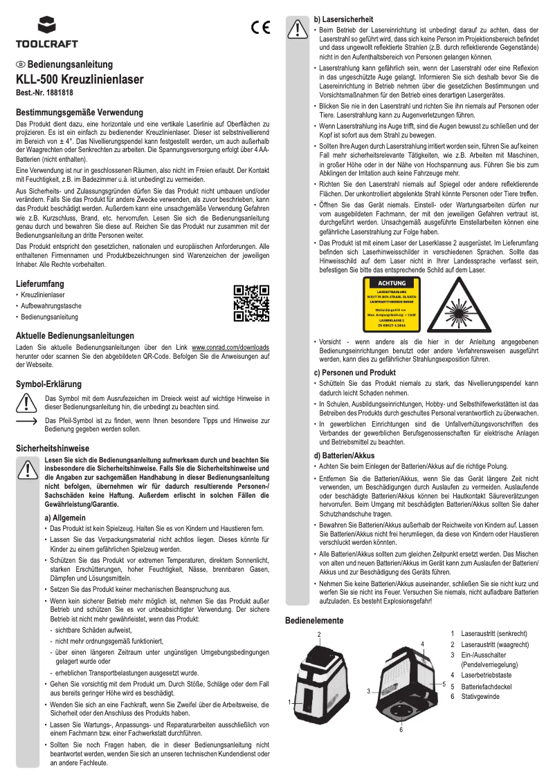 Page 1 de la notice Manuel utilisateur Toolcraft KLL-500