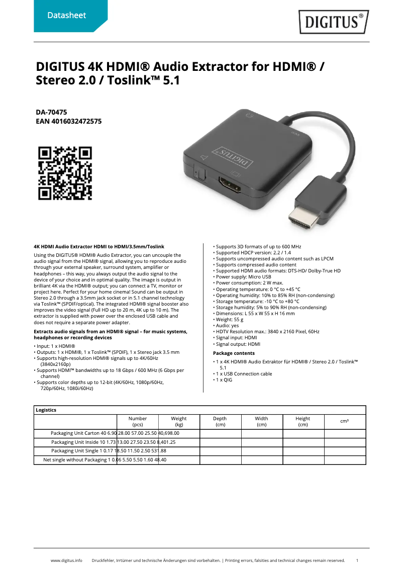 Page n°1 - Fiche technique Digitus DA-70475