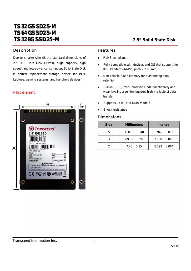 Image de la première page du manuel de l'appareil IDE SSD TS128GSSD25M