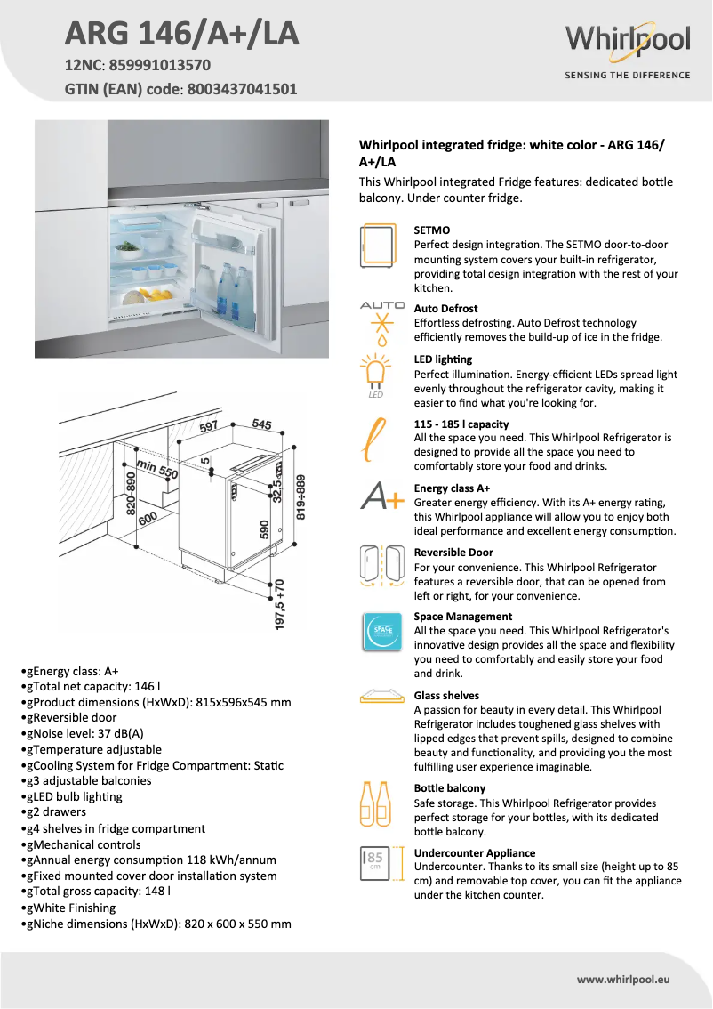 Page 1 de la notice Fiche technique Whirlpool ARG 146/A+/LA