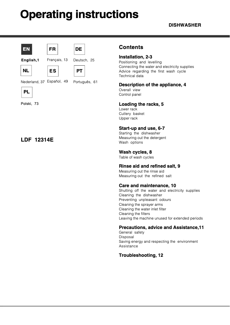 Page 1 de la notice Manuel utilisateur Hotpoint LDF 12314E EU