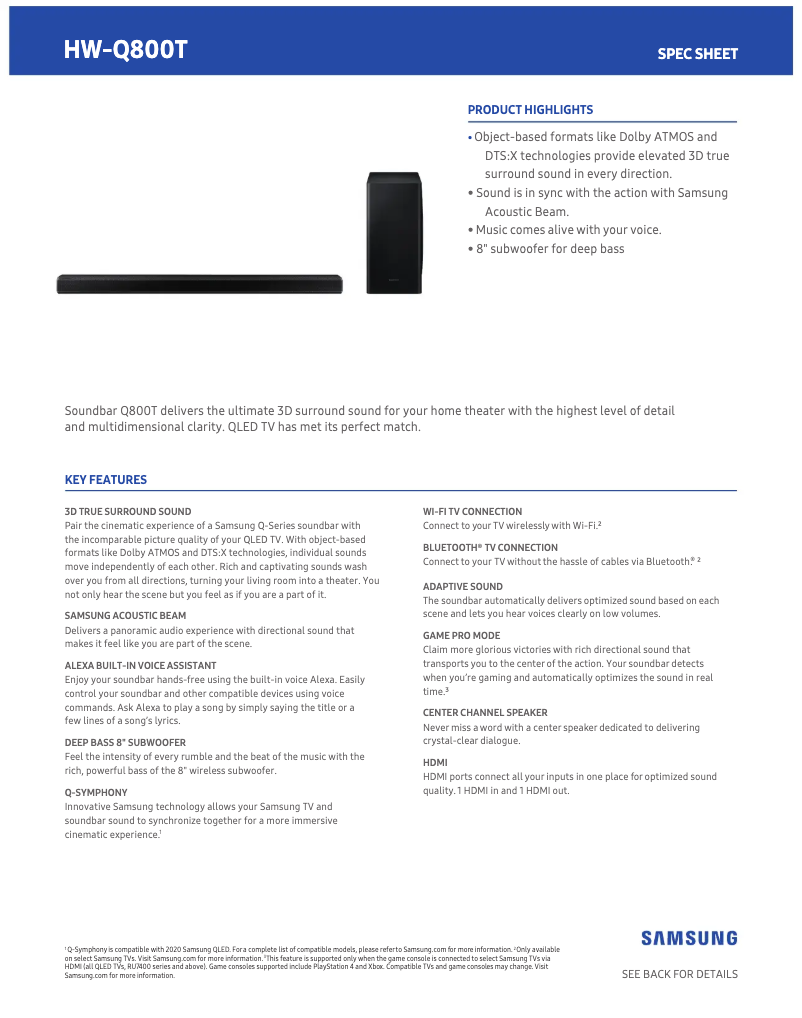 Page 1 de la notice Fiche technique Samsung HW-Q800T