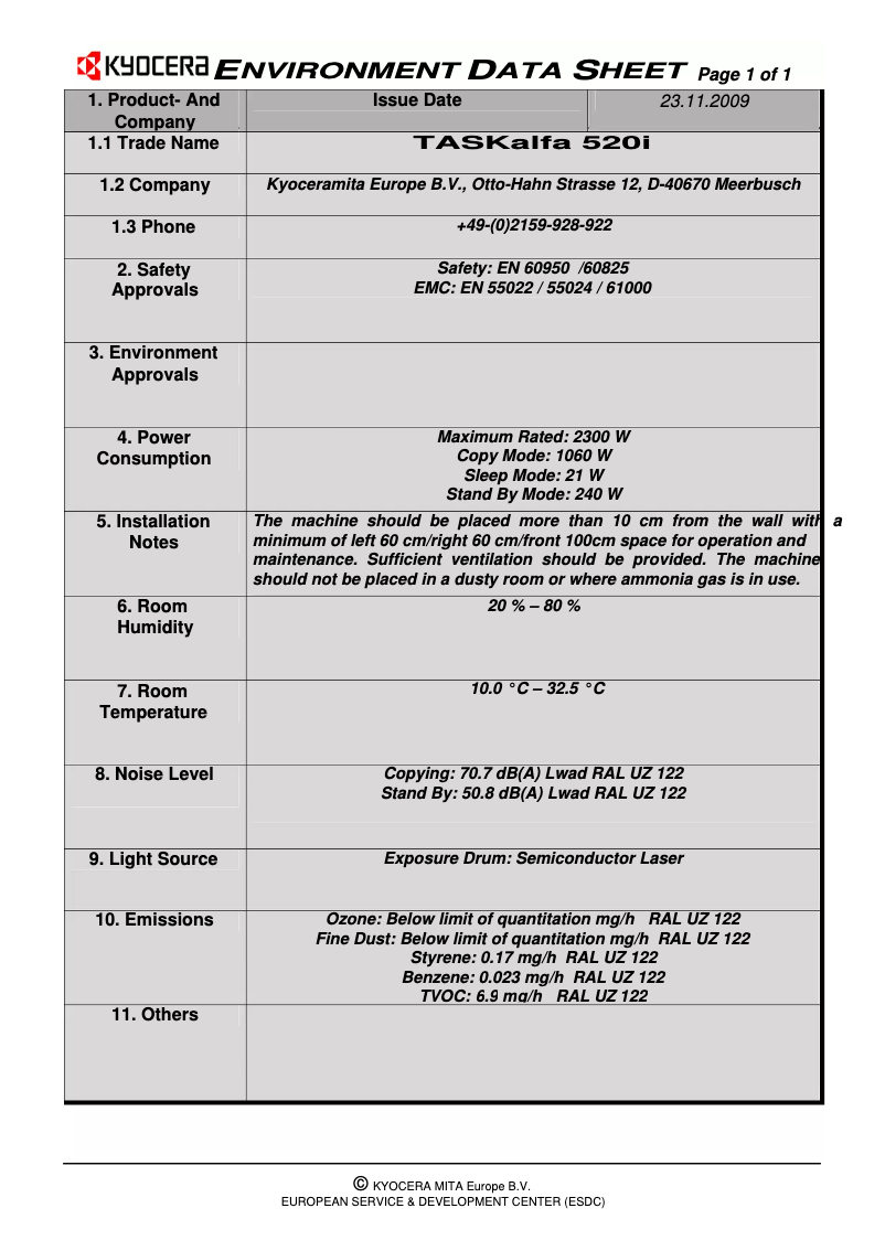 Page 1 de la notice Fiche technique Kyocera TASKalfa 520i