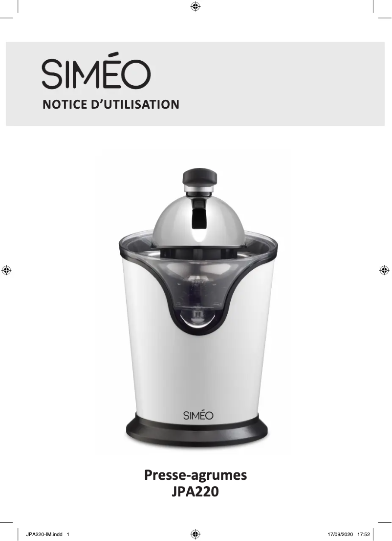 Page 1 de la notice Manuel utilisateur Siméo JPA220