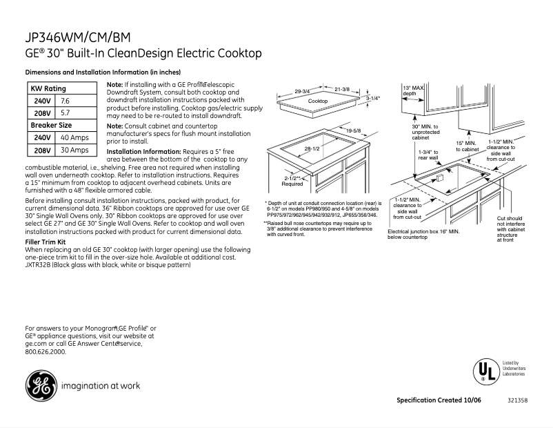 Page 1 de la notice Fiche technique GE JP346CMCC
