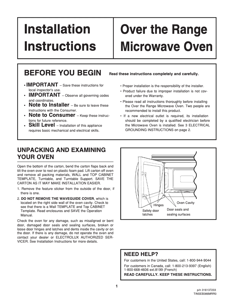 Page n°1 - Guide d'installation Frigidaire FMV156DC