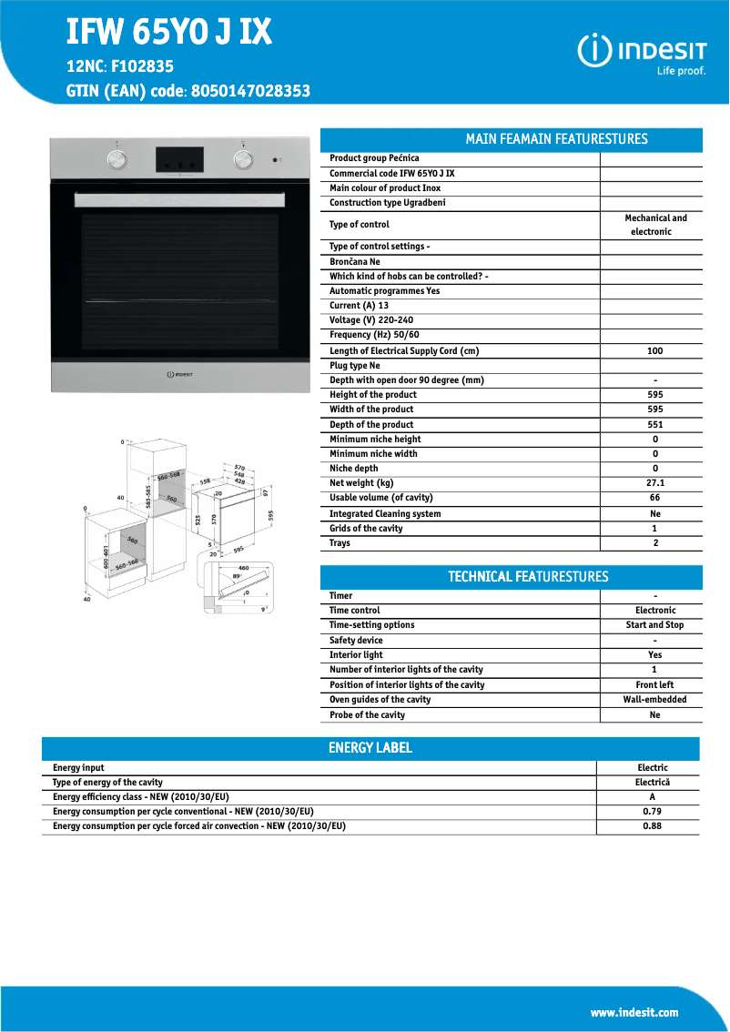 Page 1 de la notice Fiche technique Indesit IFW 65Y0 J IX