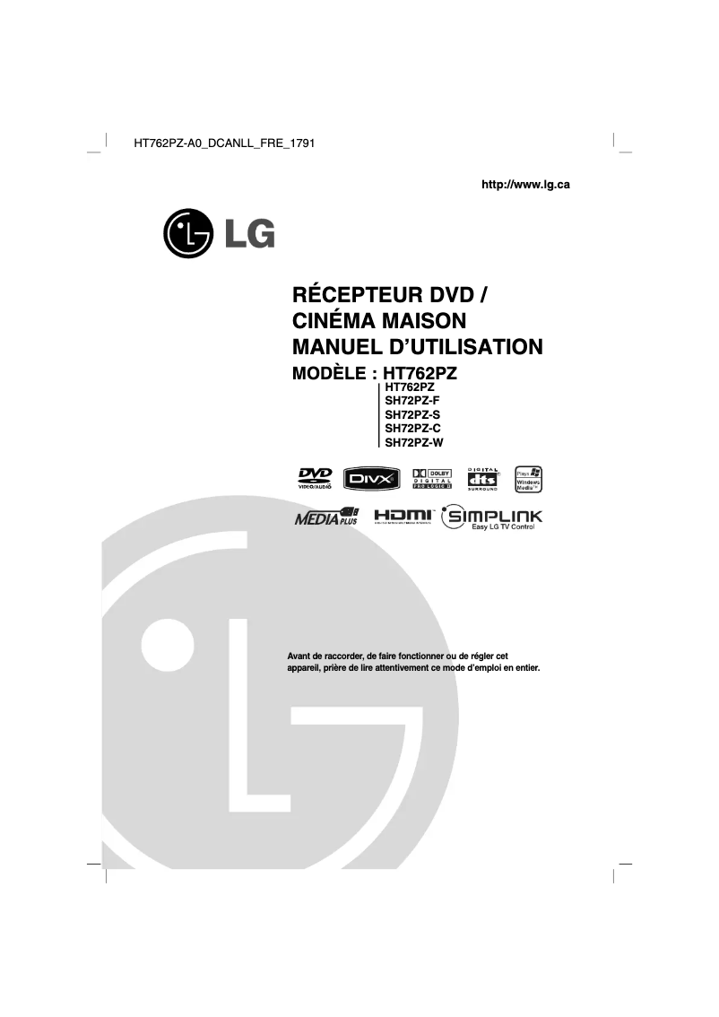 Page 1 de la notice Manuel utilisateur LG HT762PZ