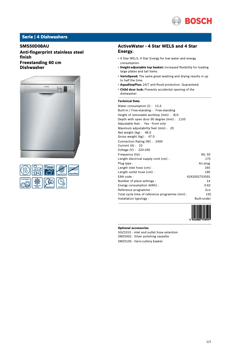 Page 1 de la notice Fiche technique Bosch SMS50D08AU