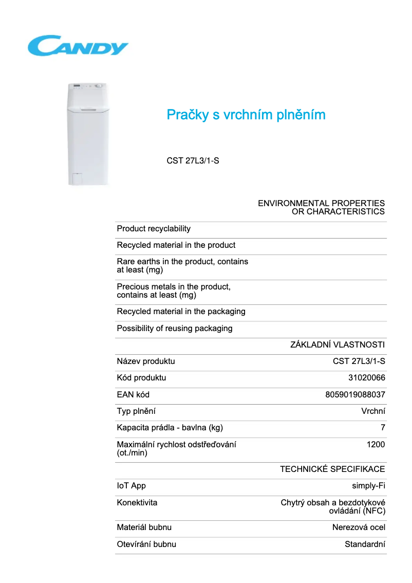 Page 1 de la notice Fiche technique Candy CST 27L3/1-S