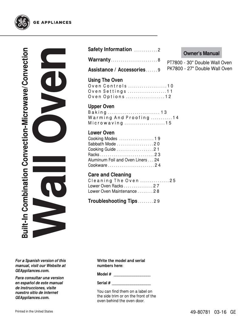 Page 1 de la notice Manuel utilisateur GE PK7800EKES