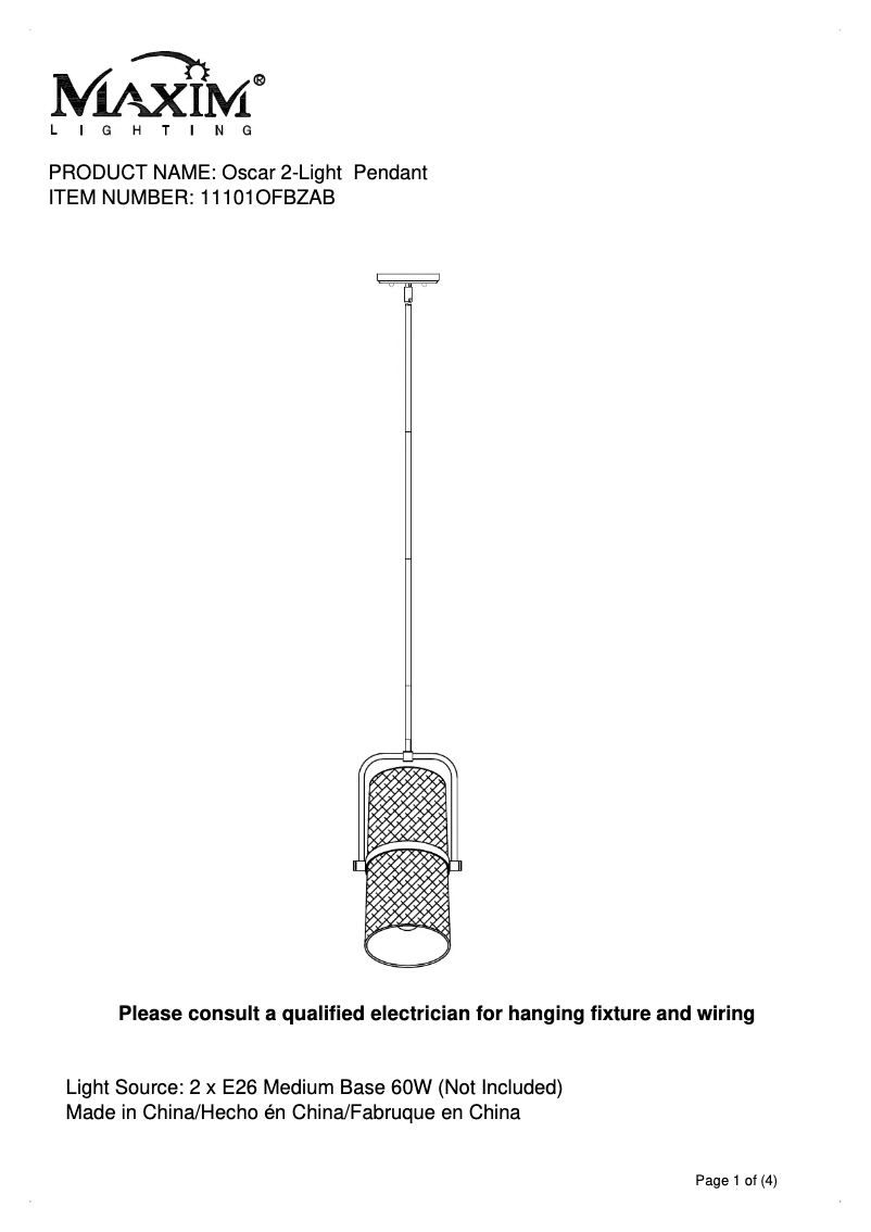 Page 1 de la notice Manuel utilisateur Maxim Oscar 11101OFBZAB