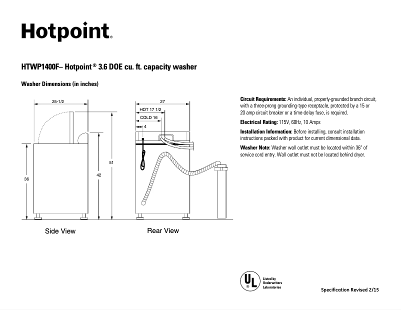 Page n°1 - Fiche technique Hotpoint HTWP1400FWW