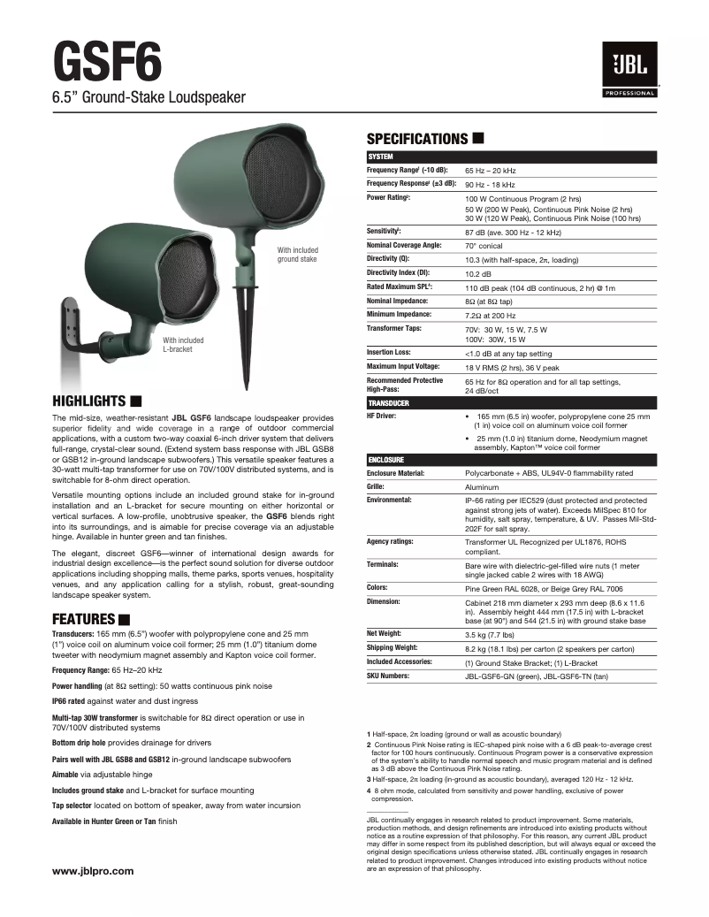 Page 1 de la notice Fiche technique JBL GSF6