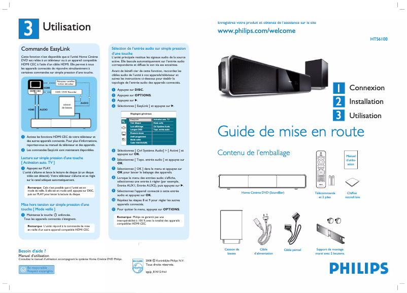 Page 1 of the manual Quick Start Guide Philips HTS6100