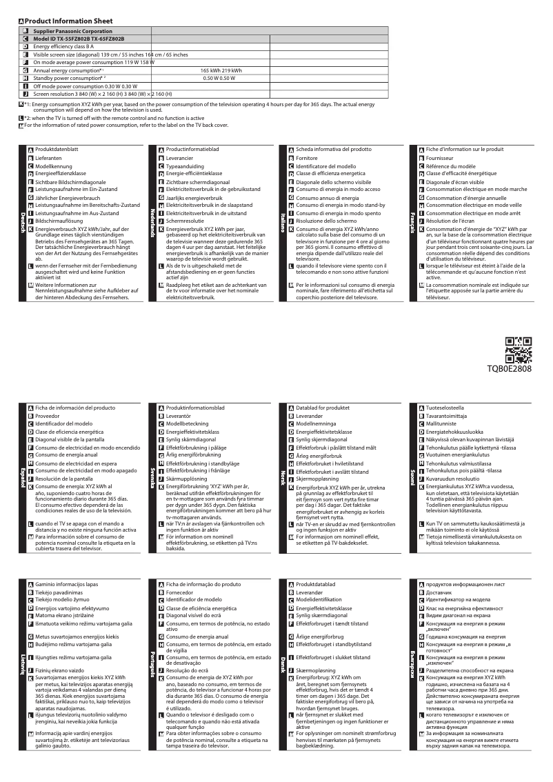Page 1 de la notice Fiche technique Panasonic TX-55FZ802B