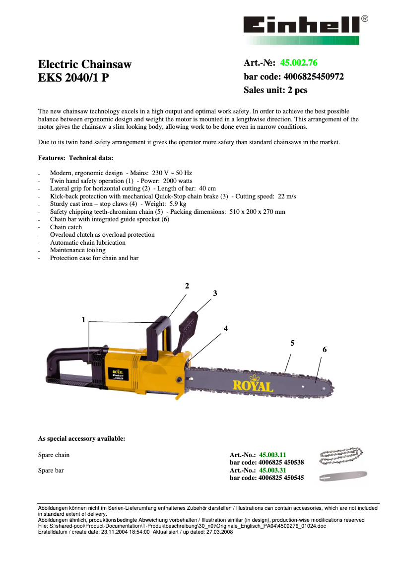 Page n°1 - Fiche technique Einhell Royal EKS 2040/1 P