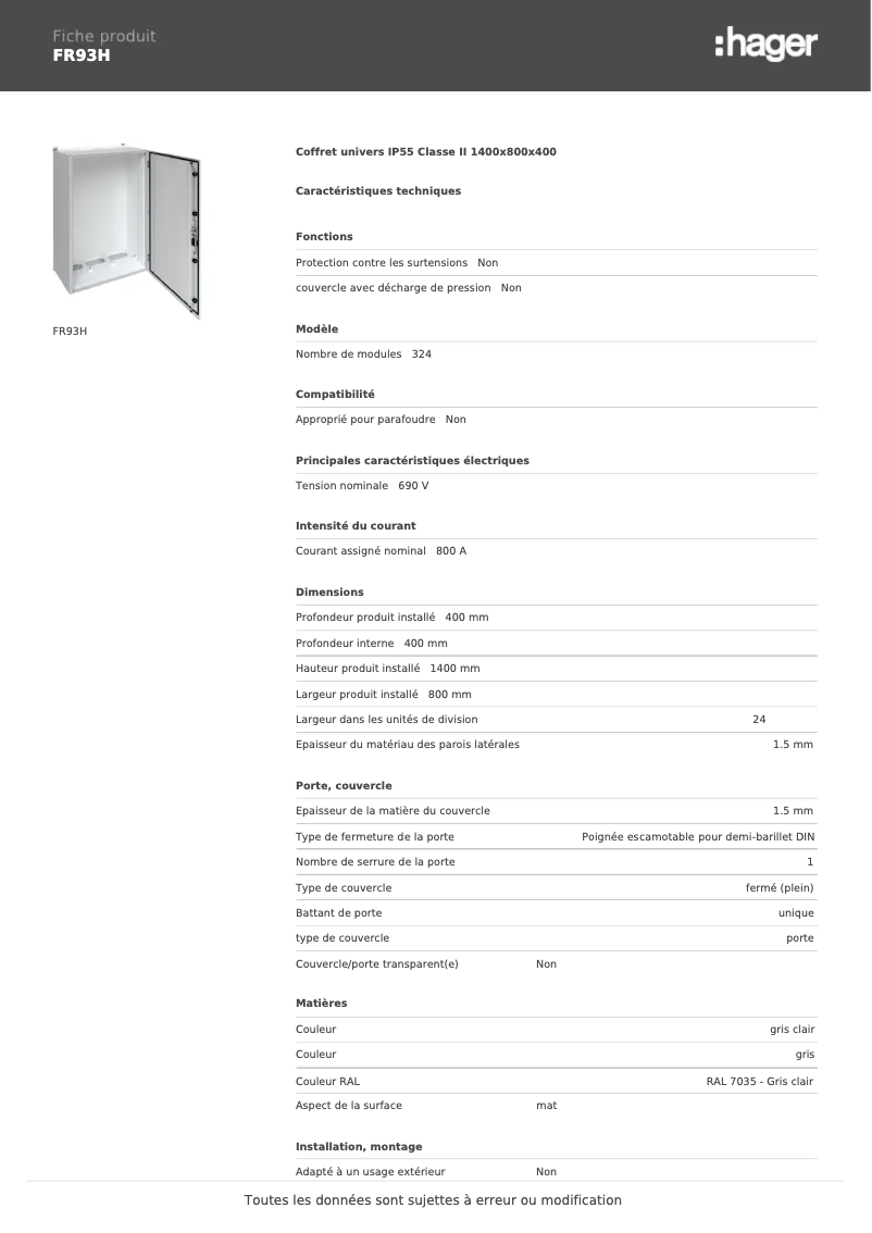 Page n°1 - Fiche technique Hager FR93H