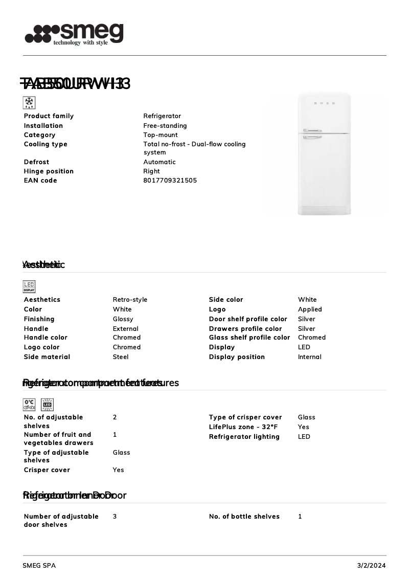 Page 1 de la notice Fiche technique Smeg FAB50URWH3