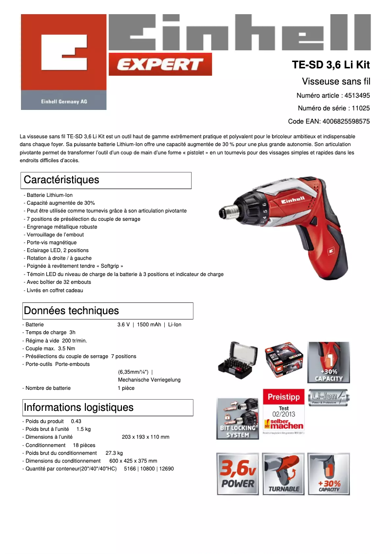 Page n°1 - Fiche technique Einhell TE-SD 3,6 Li Kit