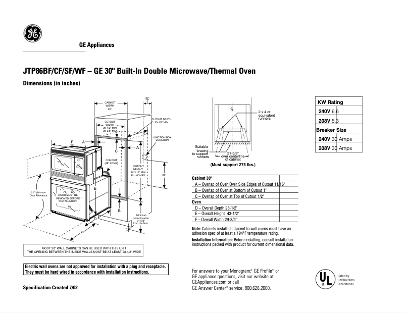 Page 1 of the manual Technical Sheet GE JTP86SFSS