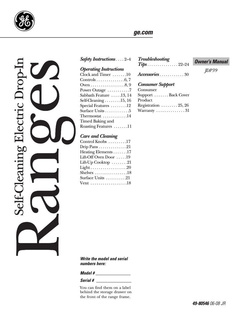 Page n°1 - Manuel d'utilisation et d'entretien GE JDP39WKWW