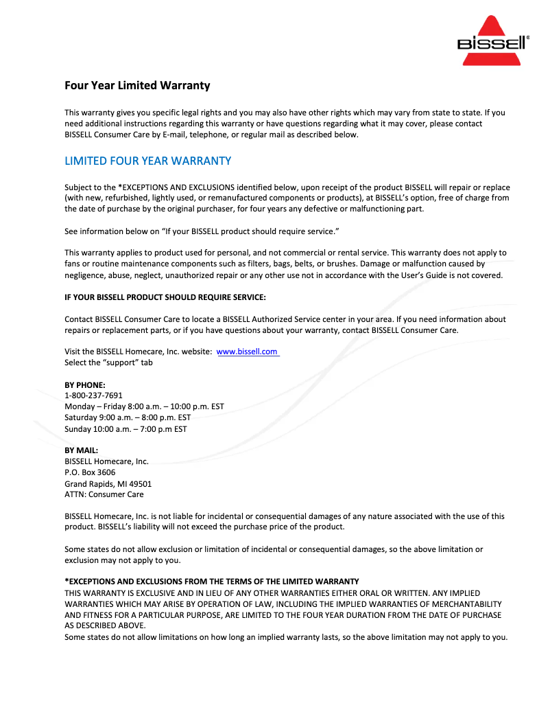 Page 1 de la notice Informations de garantie Bissell CleanView 2256