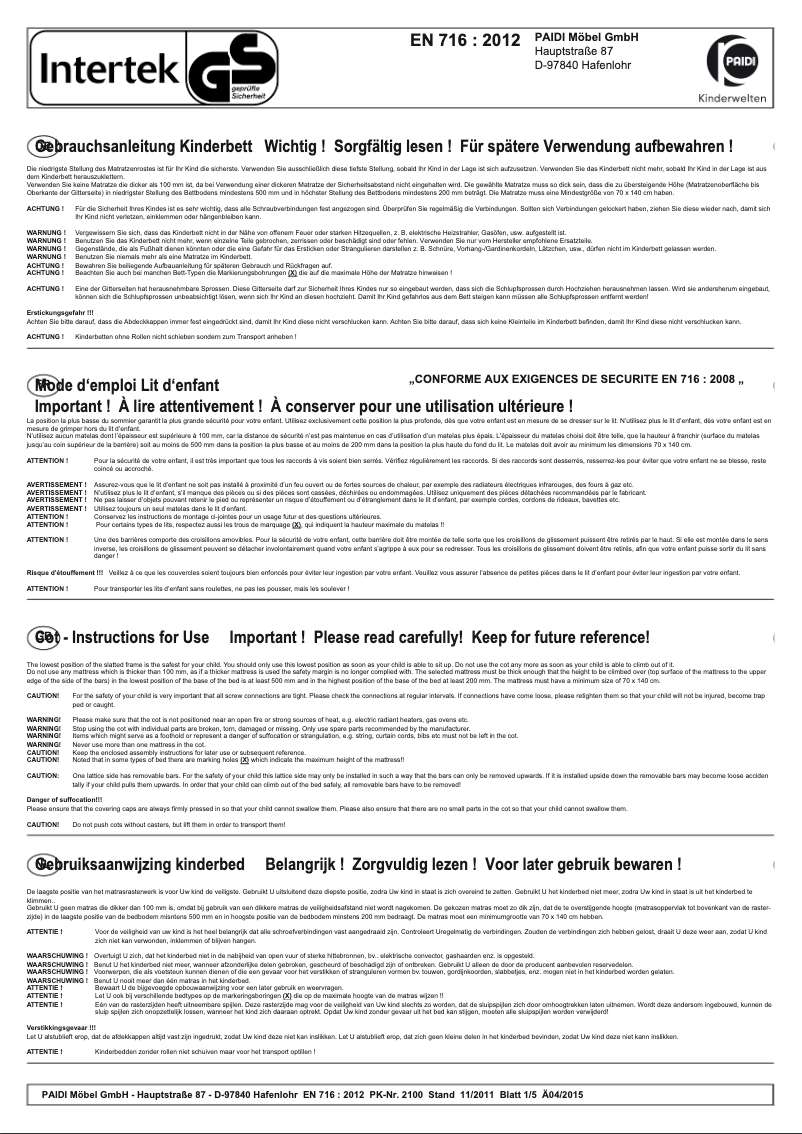 Page 1 de la notice Manuel utilisateur Paidi Fabiana