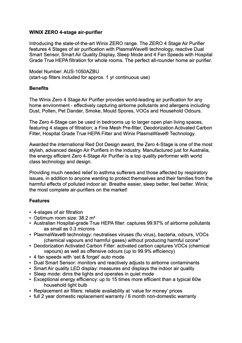 Page n°1 - Fiche technique Winix ZERO+ AUS-1050AZBU