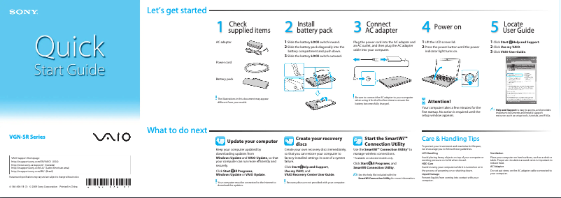 Page 1 de la notice Guide d'installation Sony Vaio VGN-SR490D