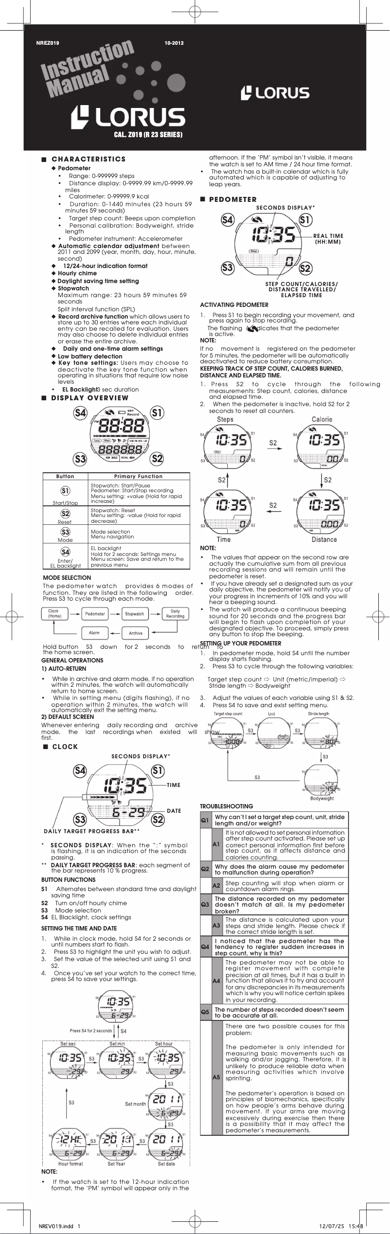 Page 1 de la notice Manuel utilisateur Lorus Z019