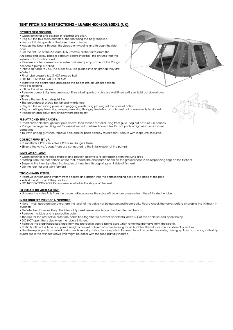 Page 1 de la notice Manuel utilisateur Vango Lumen V 400