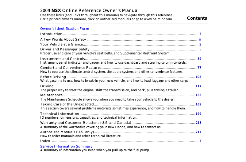 Page n°1 - Manuel utilisateur Acura NSX (2004)